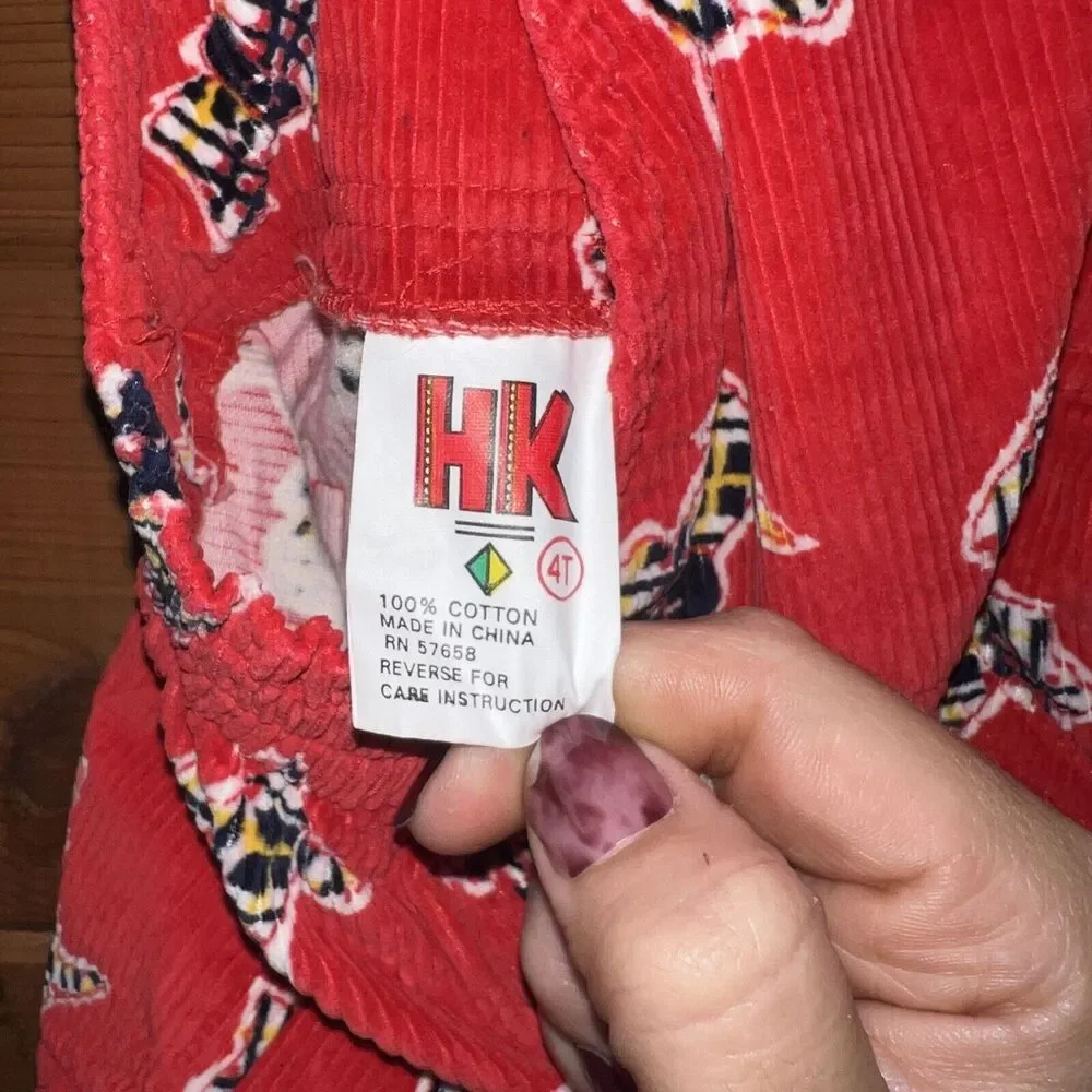 Vintage Happy Kids Red Corduroy Dog Print Overalls Child Size 4T